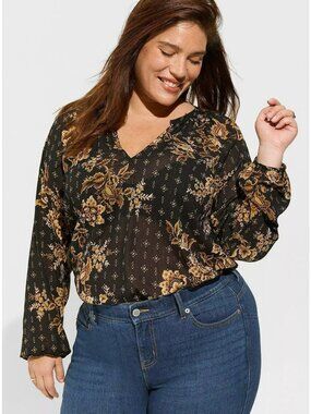 NEW Torrid Black Gold Floral Sheer Blouse Office Work Boho Long Sleeve Top